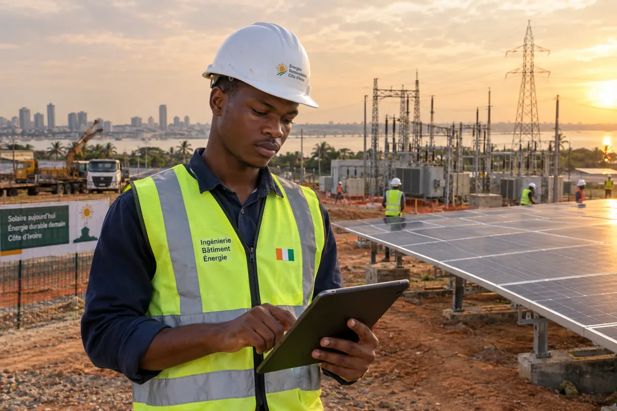Étudiant ingénieur consultant des plans sur tablette sur un site solaire
