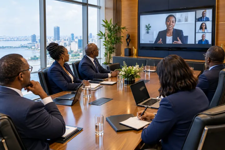 Dirigeants suivant une session de formation en ligne en salle de conseil